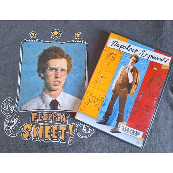 Vintage Napoleon Dynamite Flippin Sweet Movie Promo Gray T Shirt Mens M & DVD - Picture 8 of 12